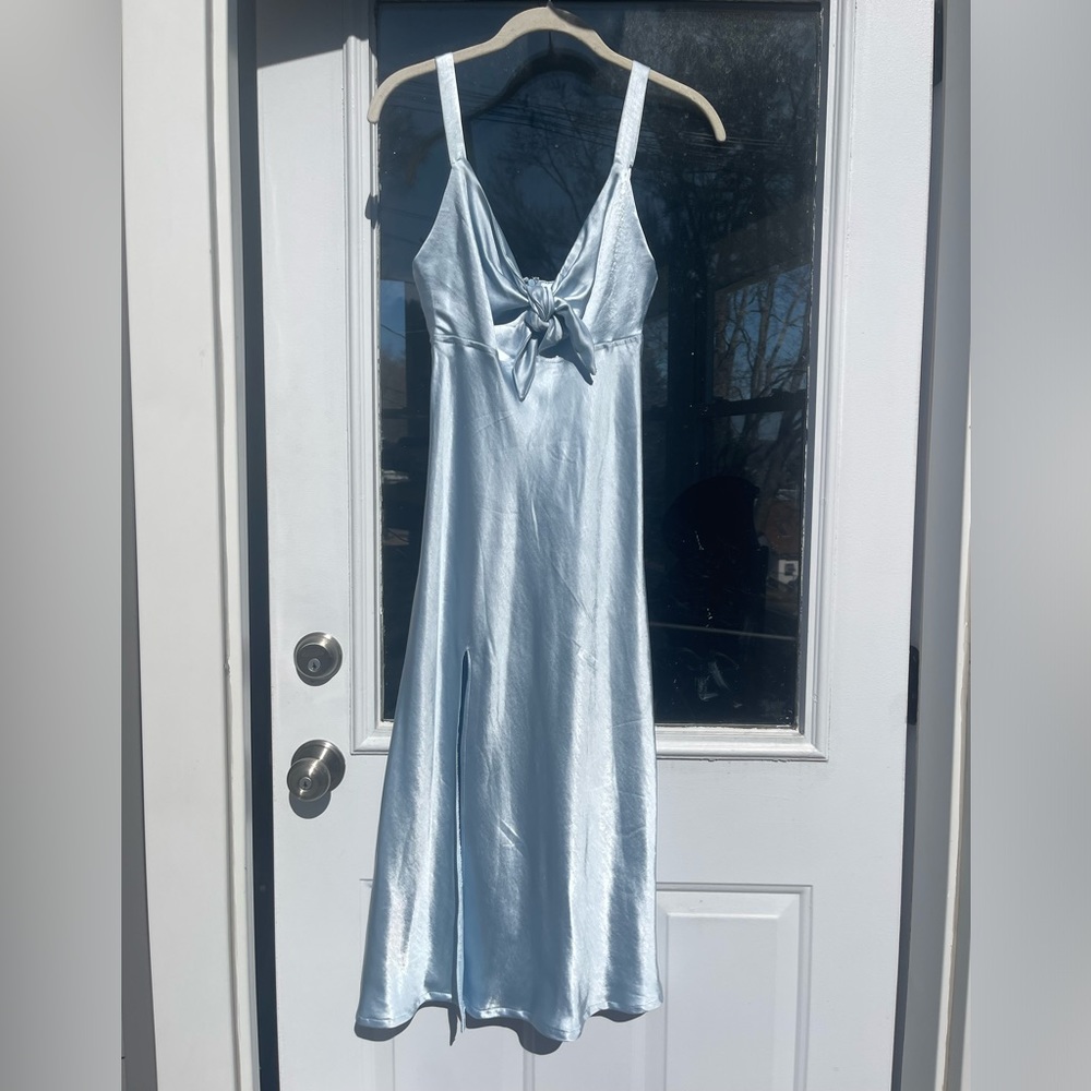 Satin blue midi dress with slit and tie top